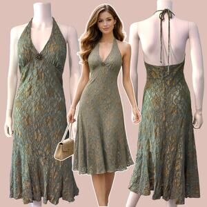 Y2K Heart Moon Star Lace Halter Dress Size Large Teal Gold Fairycore Whimsigoth